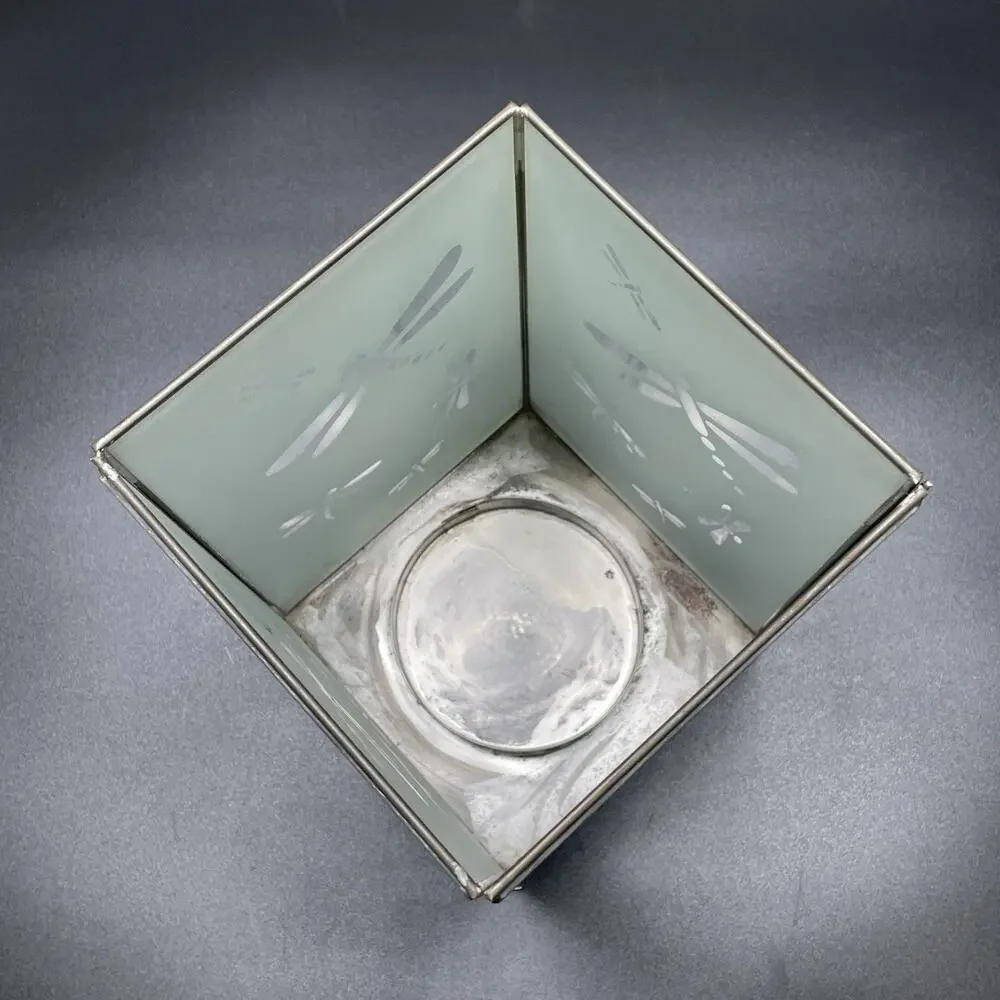 HTF Dragonfly Lantern Frosted Glass With Metal Edges Etched Design Candle Holder